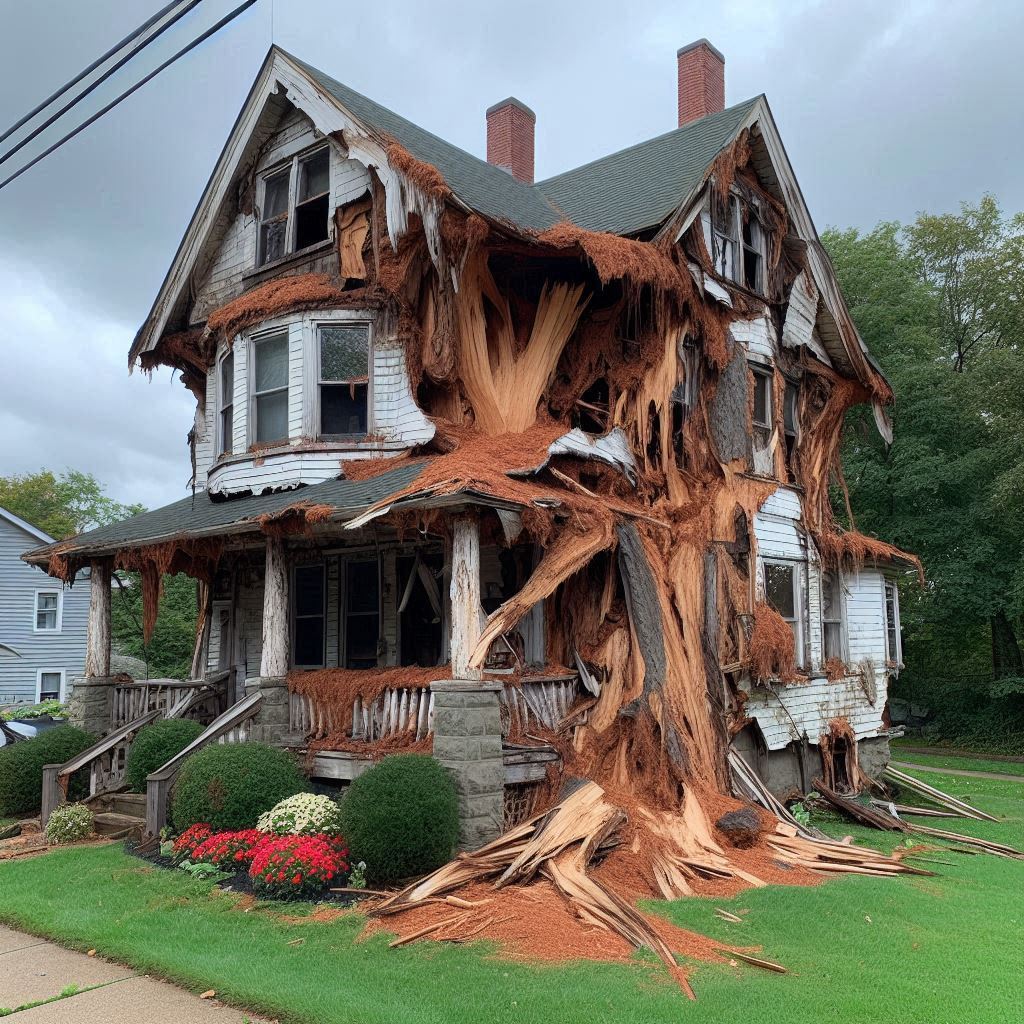 Damaged tree on an Pelham home showing signs of disease and decay